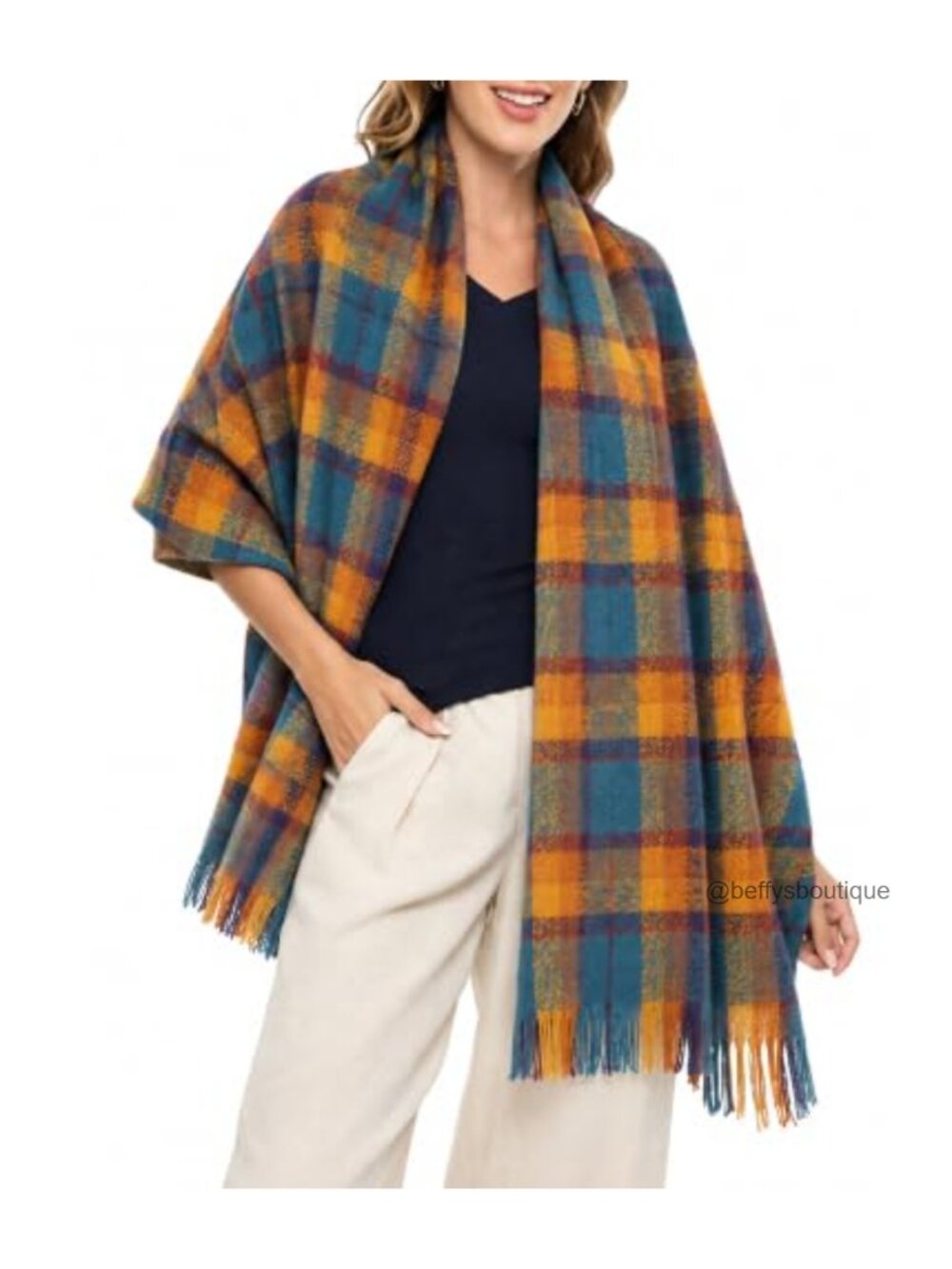Chunky Plaid Blanket Scarf Shawl Wrap with Fringe 100% Polyester